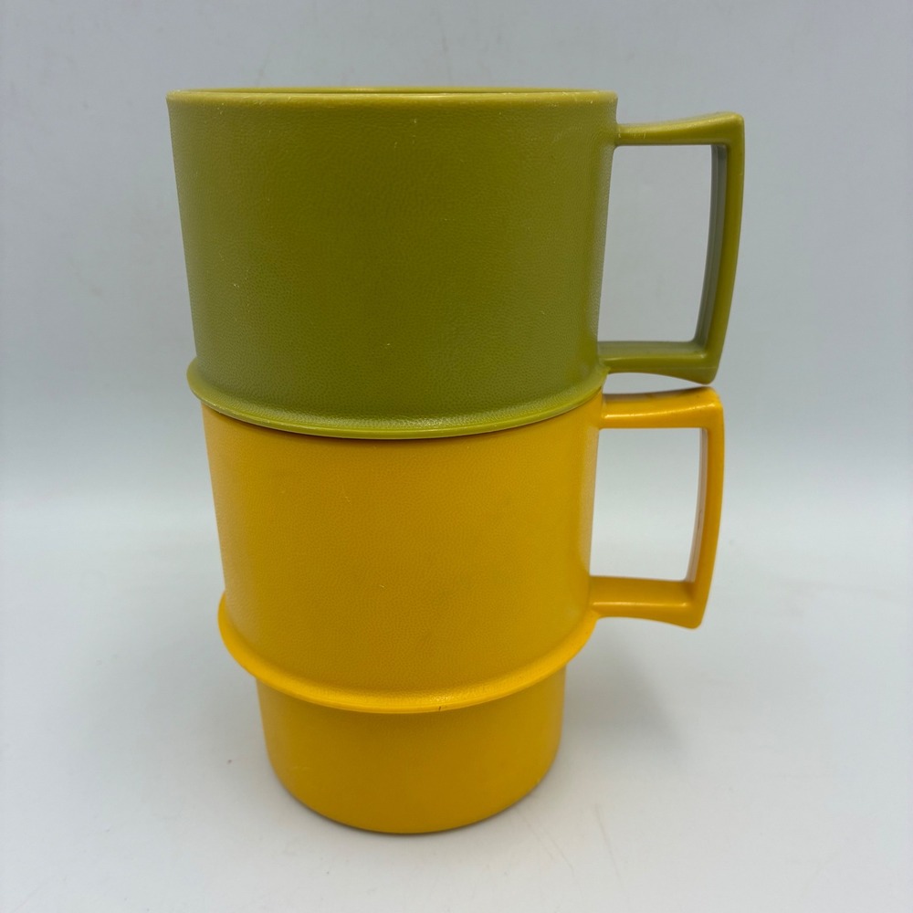 Vintage Tupperware Stacking Mugs 1312 Harvest Gold Avocado Green Set of 2 USA